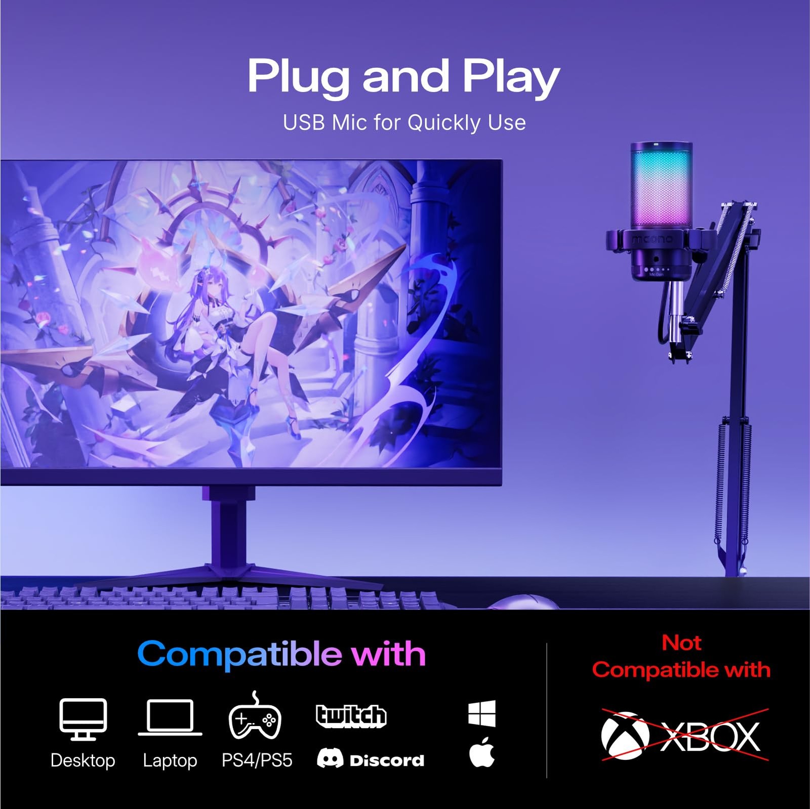 Gaming USB Microphone, Noise Cancellation Condenser Mic with Mute, Gain, Moni…