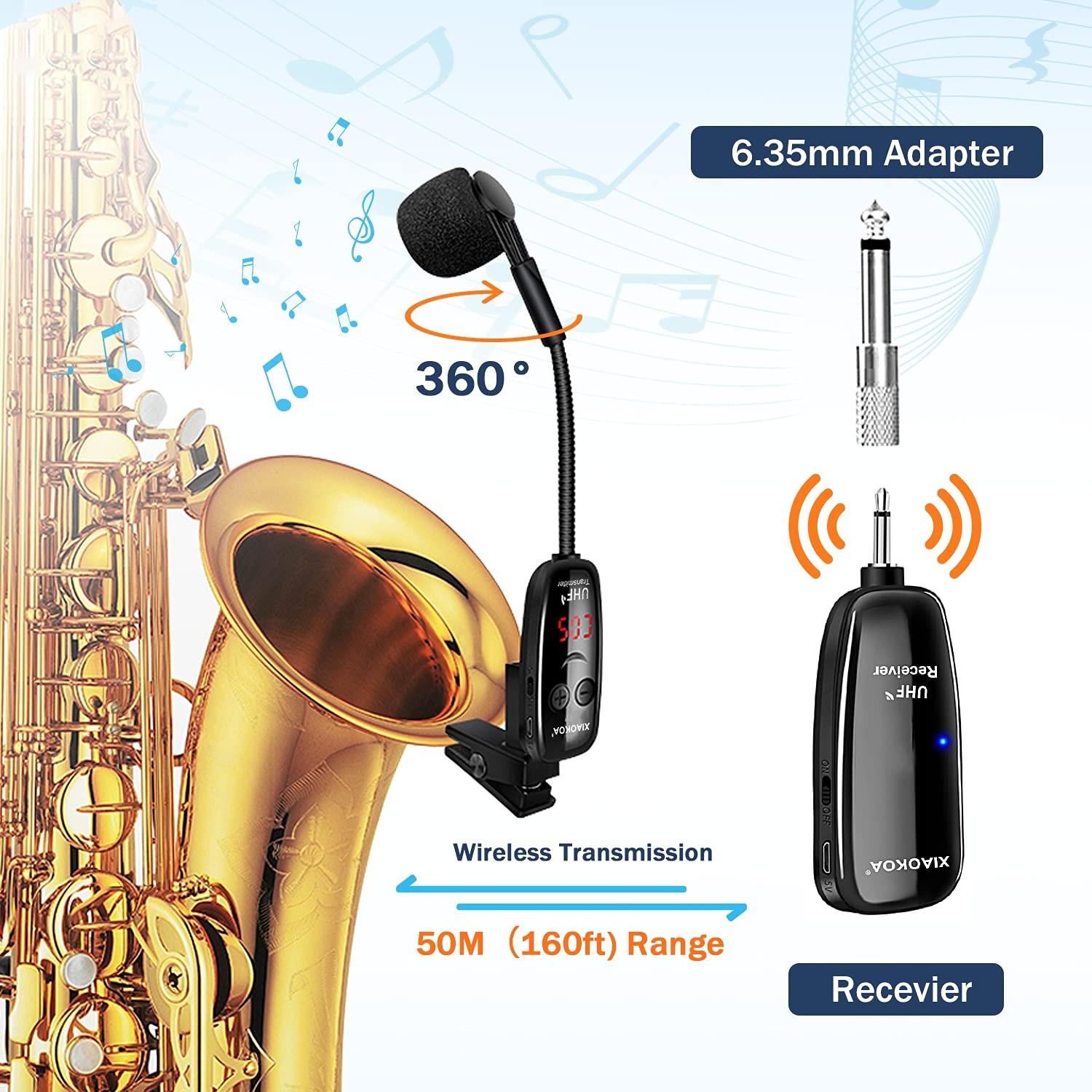 XIAOKOA UHF Wireless Instruments Microphone,Saxophone Microphone,Wireless Receiv