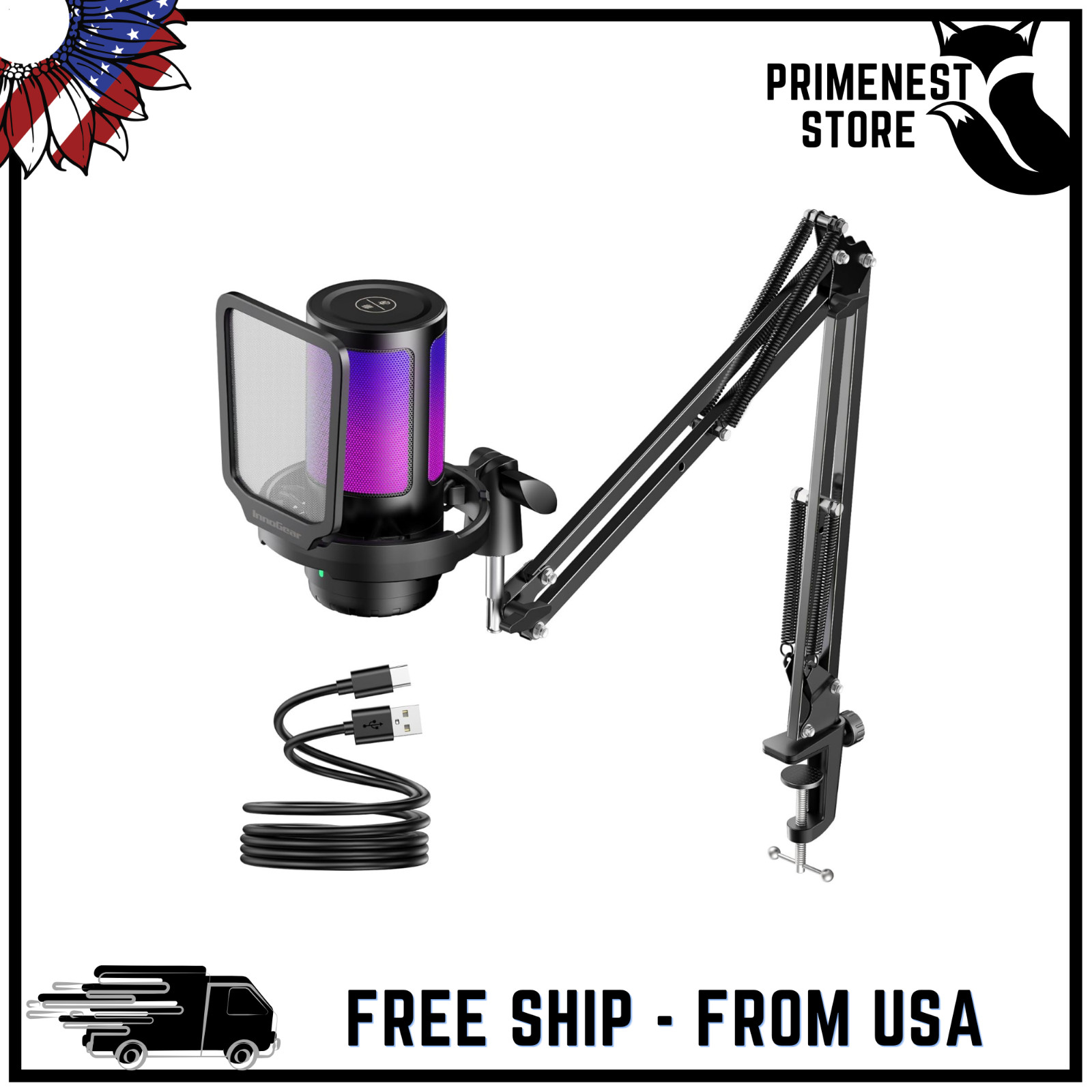 Gaming USB Microphone Condenser Mic with Boom Arm RGB Noise Cancellation