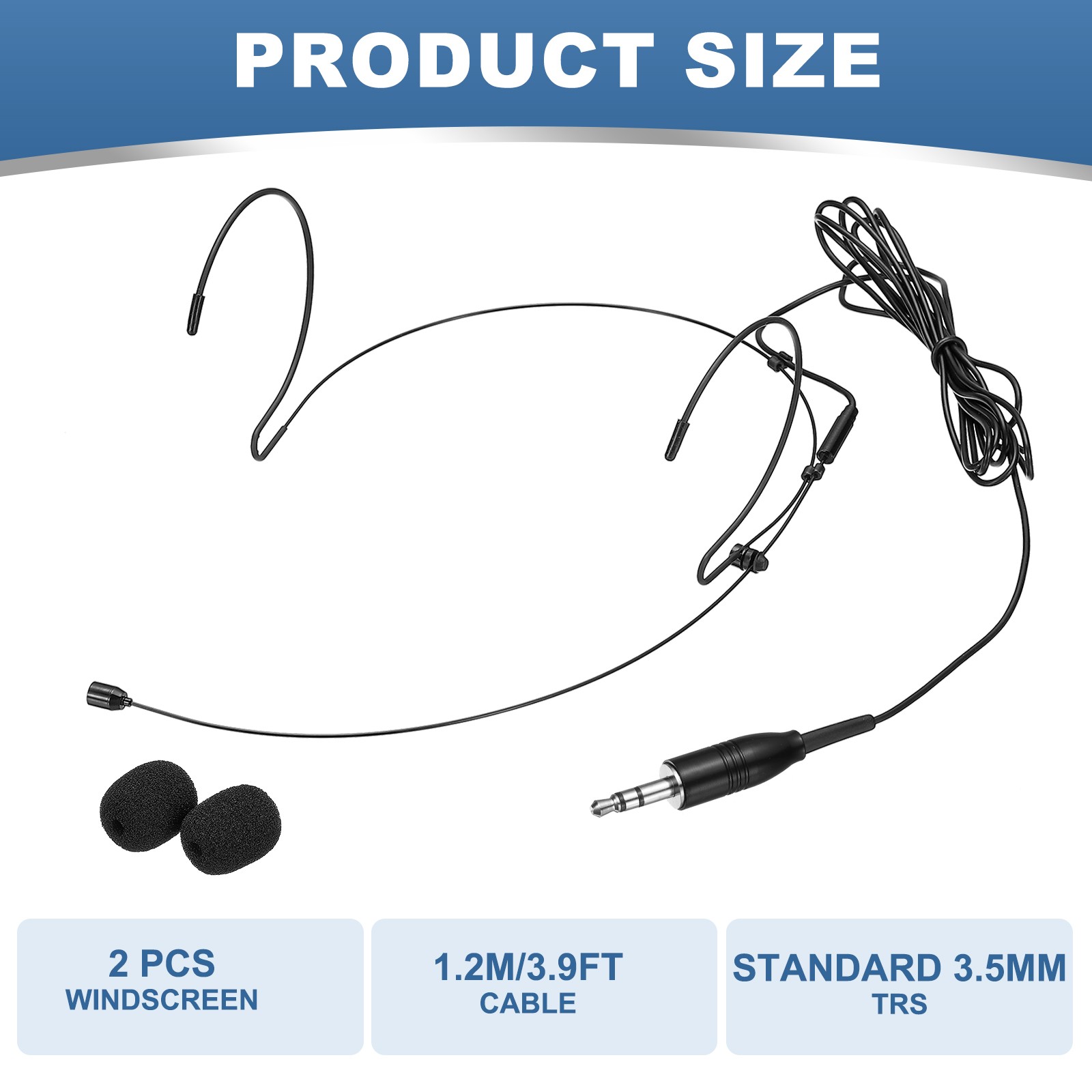 Ear Hook Microphone, Double Ear Headset with Standard 3.5mm TRS Plug, Black