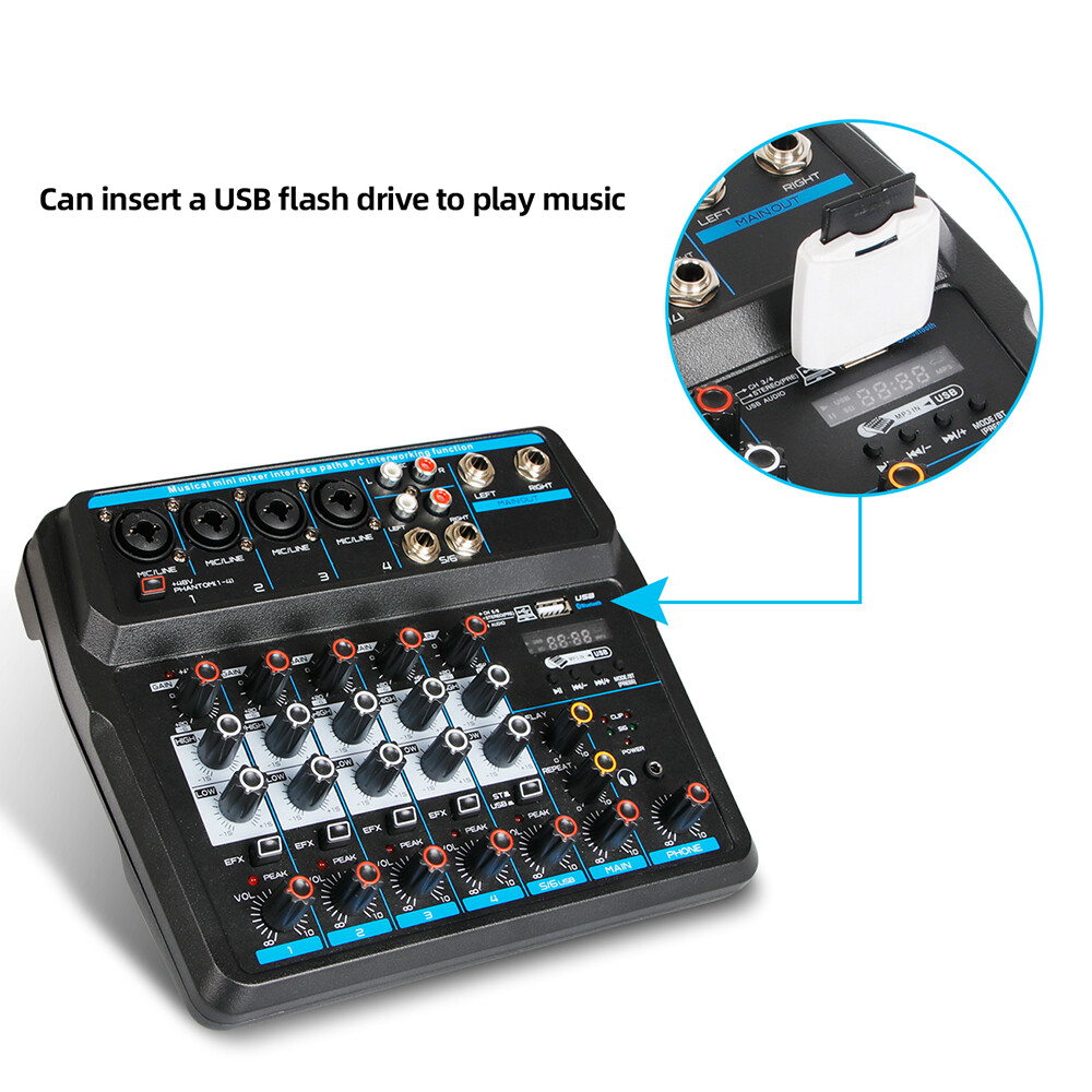 6 Channel Audio Mixer Bluetooth Mixing Console For DJ Karaoke Live Podcast USB