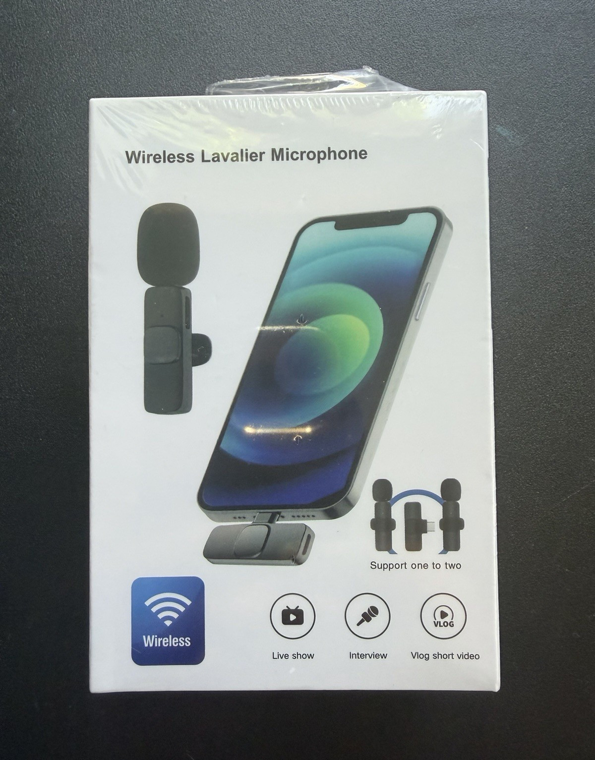 Wireless USB-C Lavalier/Lapel Microphone, Plug & Play, Black, One-to-Two