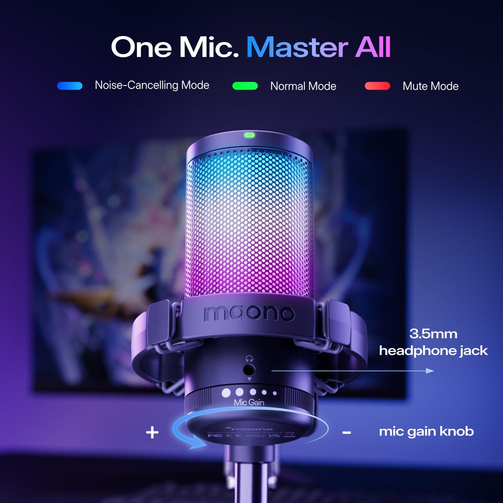 Gaming USB Microphone, Noise Cancellation Condenser Mic with Mute, Gain, Moni…