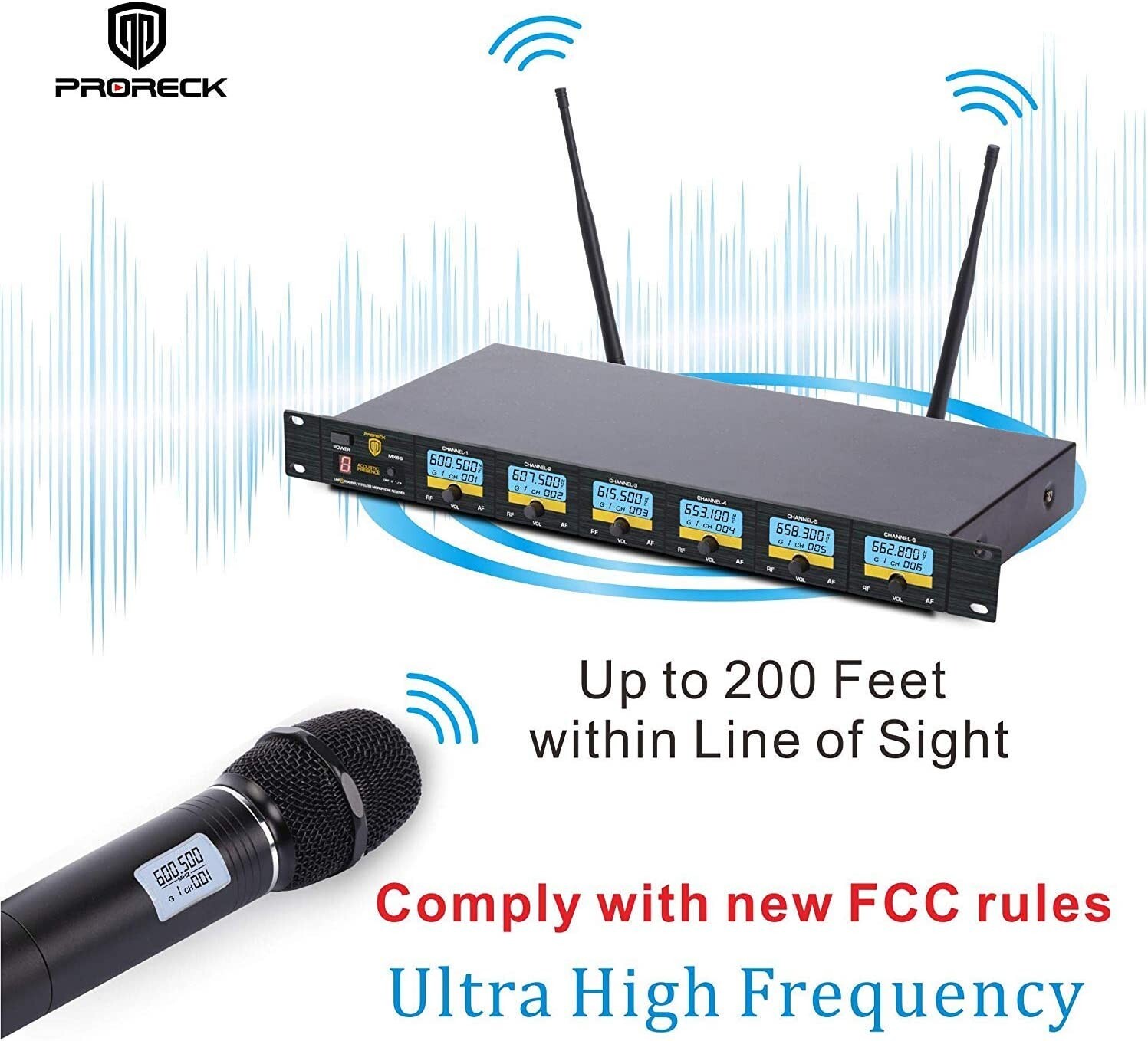 PRORECK MX66 6-Channel UHF Wireless Microphone System with 6 Hand-held Mics