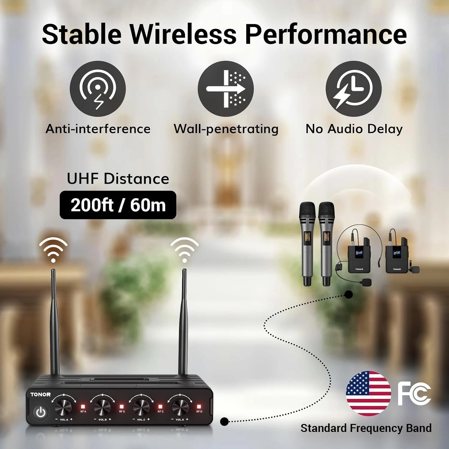 Wireless Mic Set with 60m Range for Meetings and Gym Classes