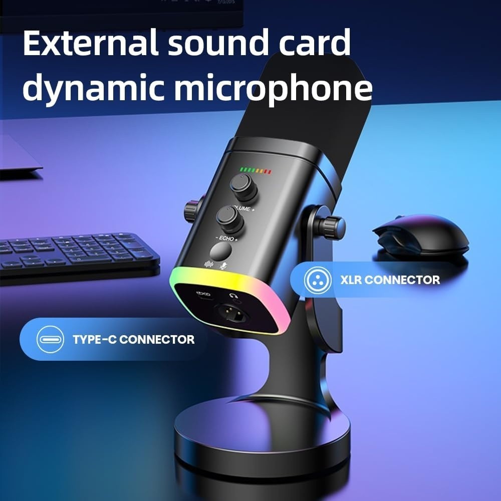 USB/XLR Desktop Dynamic Microphone with RGB Light, Noise Reduction & Mute Button