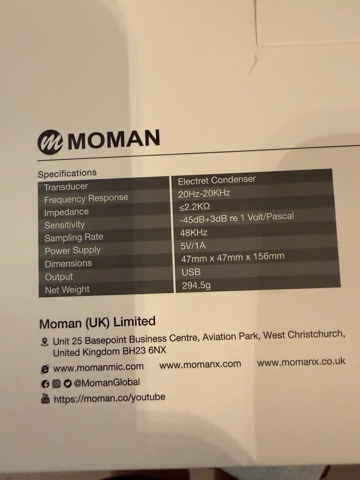 Moman EM1 USB Condenser Microphone, designed for streaming and podcasting.