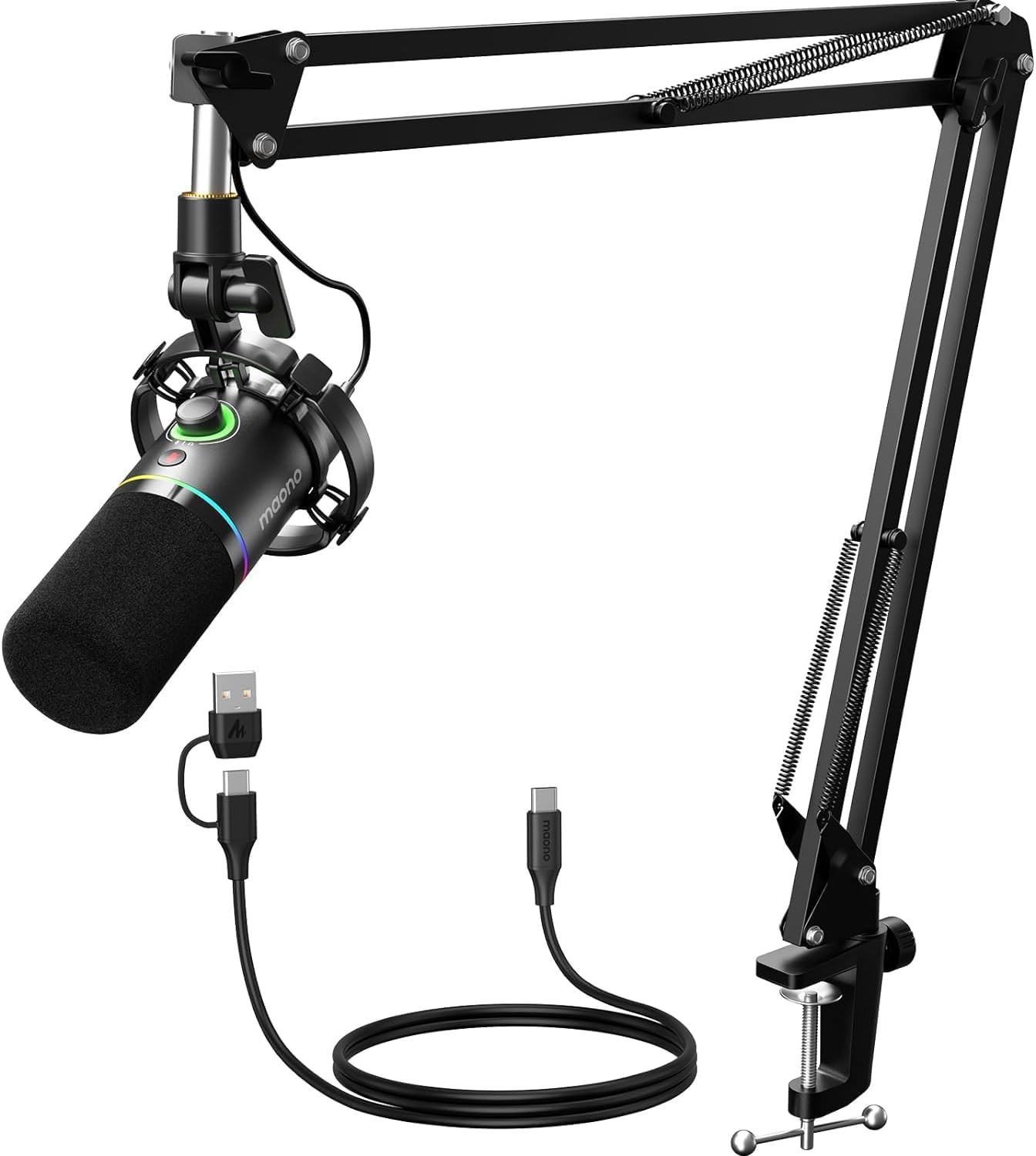 Dynamic RGB Microphone Kit XLR/USB with Boom Arm Mute Gain Control Black