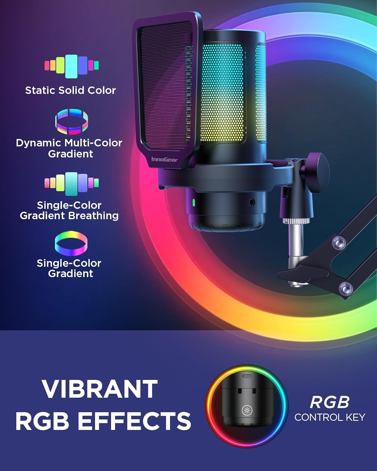 Gaming USB Microphone, Noise Cancellation Condenser Mic with Mute, Gain, RGB Ind