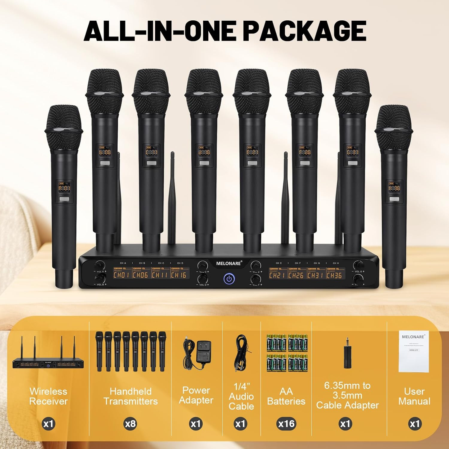 8-Channel UHF Wireless Microphone System for Karaoke, Events & Meetings