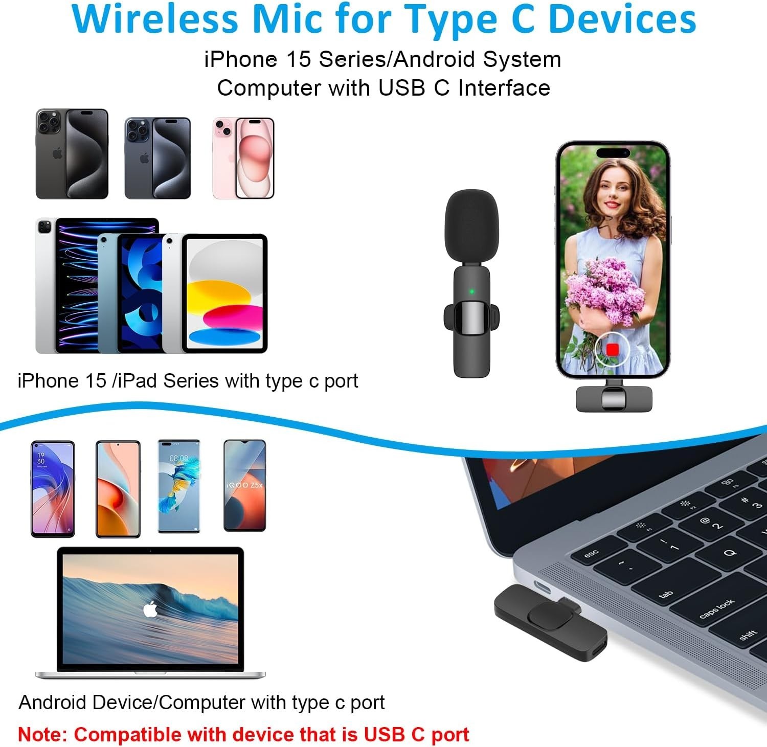 Wireless Lavalier Microphone for iPhone 15 Series/Android/Laptop