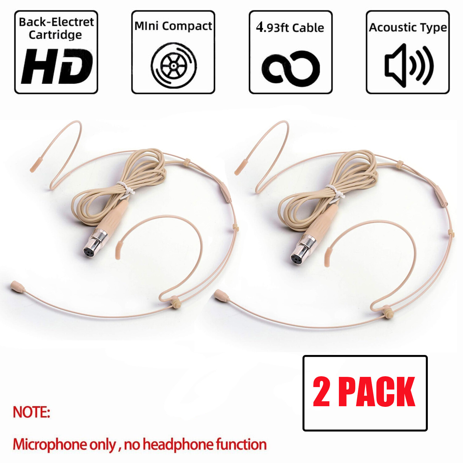 2x Headset Mic Headworn Microphone Mini XLR 4 Pin TA4F For Shure Wireless System