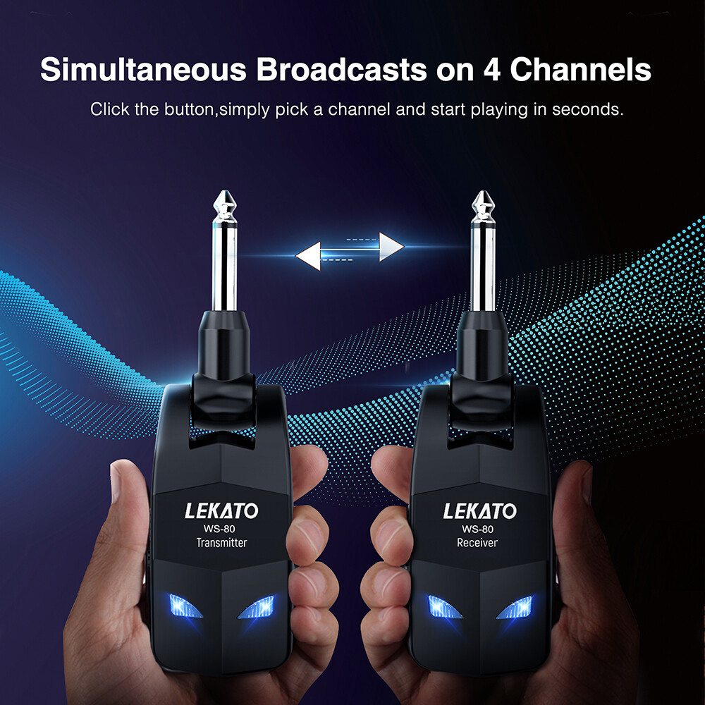 LEKATO 2.4G Wireless Guitar Transmitter Receiver System 4 Channel Rechargeable