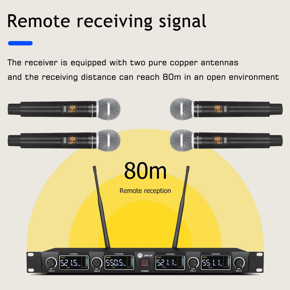 4-Channel UHF Wireless Microphone System with 4 Handheld Mics, 260ft Range