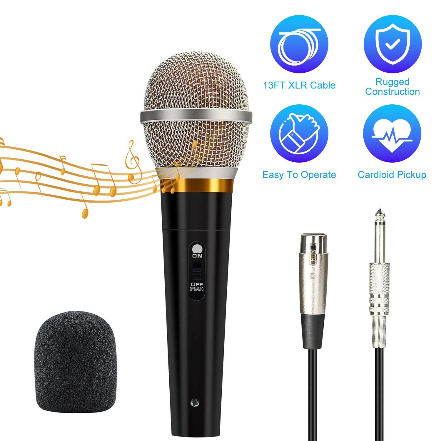 Handheld XLR Dynamic Professional Microphone with On/Off Switch 13ft XLR Cable