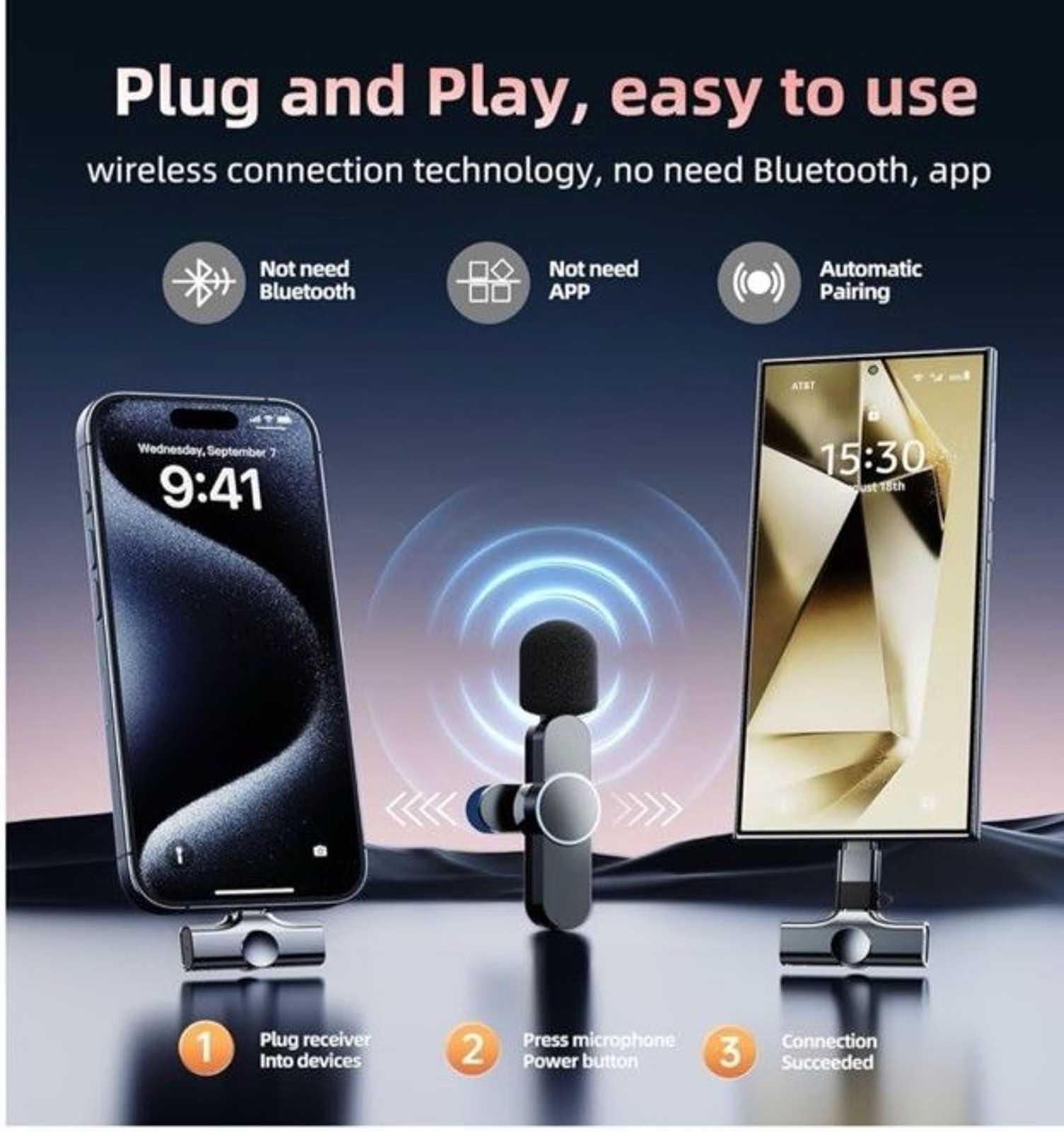 KINGLUCKY 2pc Wireless Microphone 2.4G Noise Cancelling Portable Interview