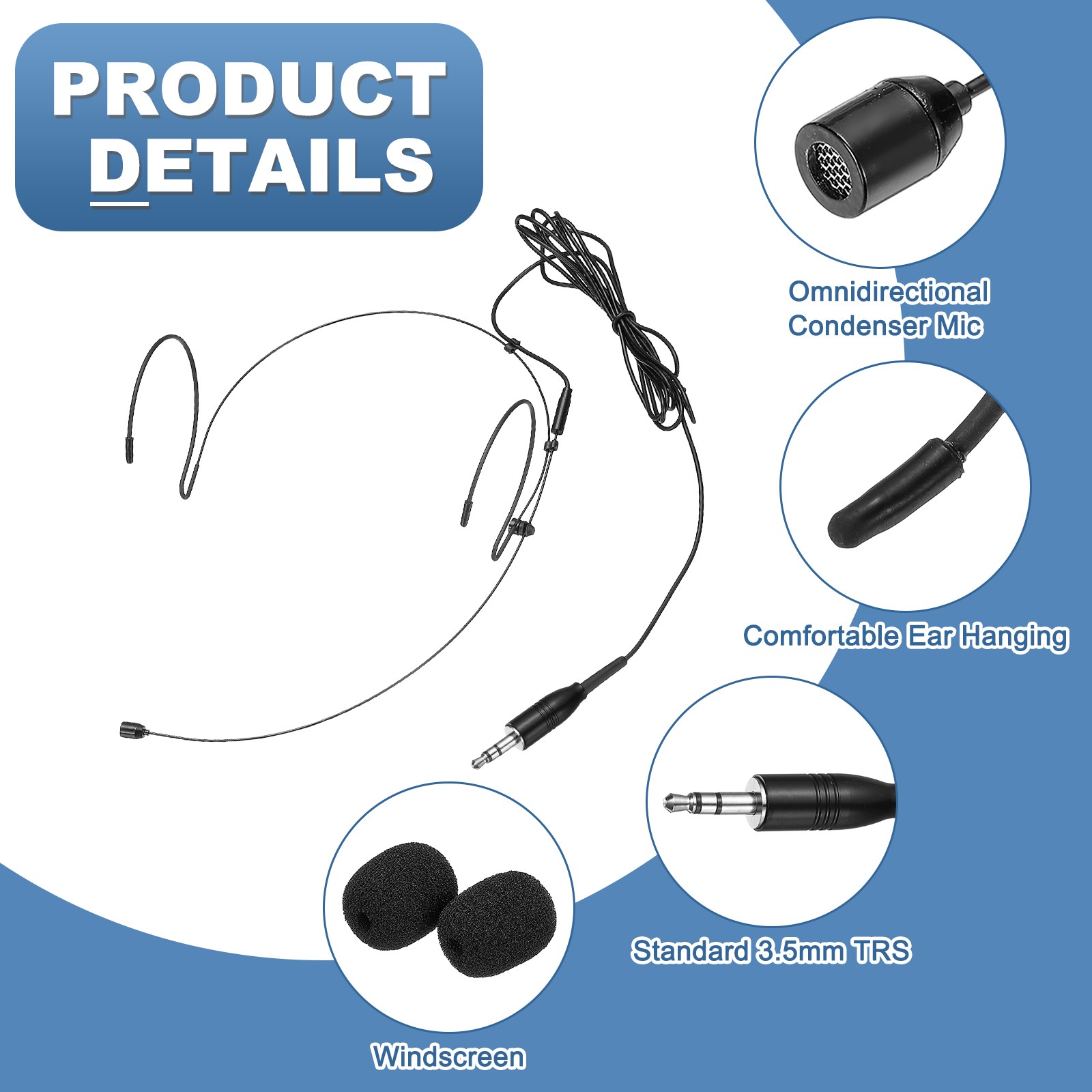 Ear Hook Microphone, Double Ear Headset with Standard 3.5mm TRS Plug, Black