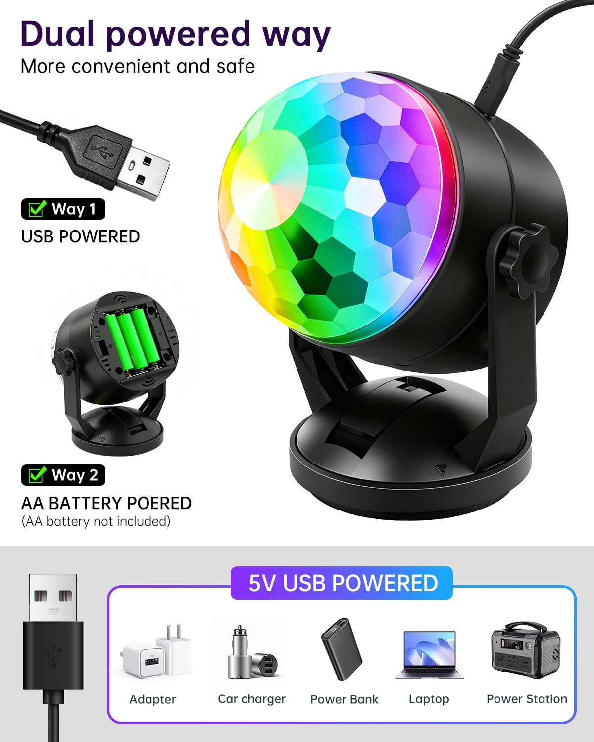 Luditek Disco Ball Party Lights Sound Activated Battery Powered Black