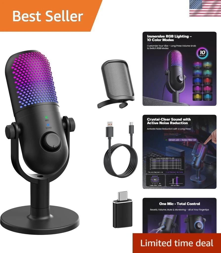 USB RGB Gaming Microphone with One-Touch Mute – Ideal for Streaming & Podcasting