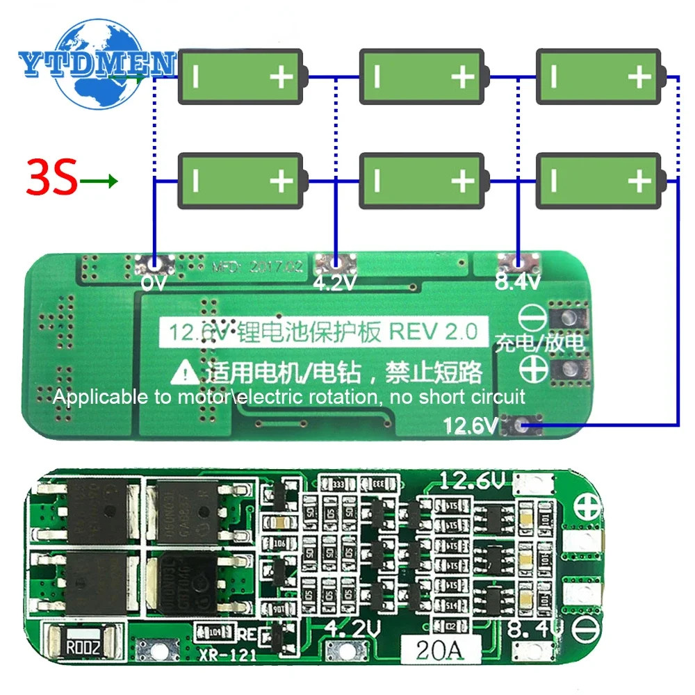 1PCS 3S 20A 18650 BMS 12.6V Li-ion Protection Board for Drill Batteries Lipos