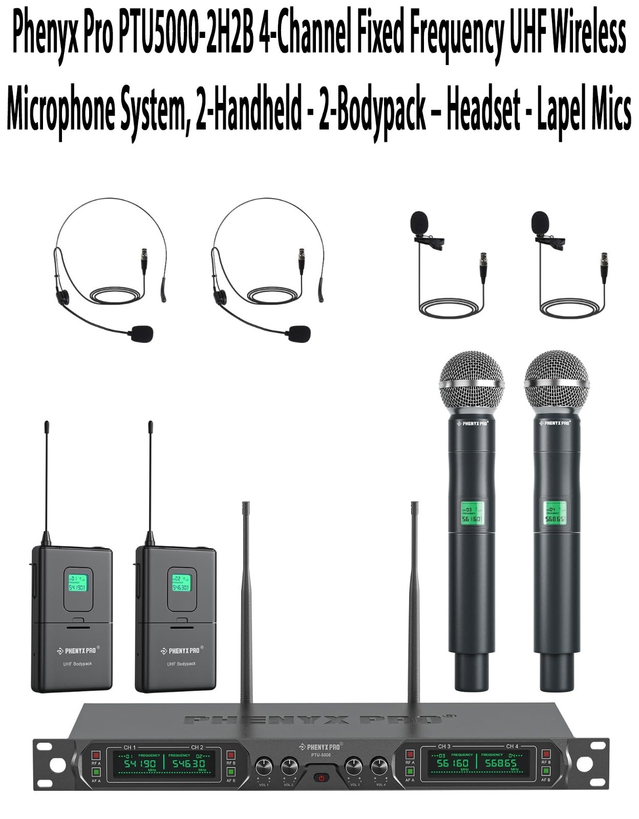Phenyx Pro PTU5000-2H2B 4-Channel Fixed Frequency UHF Wireless Microphone System