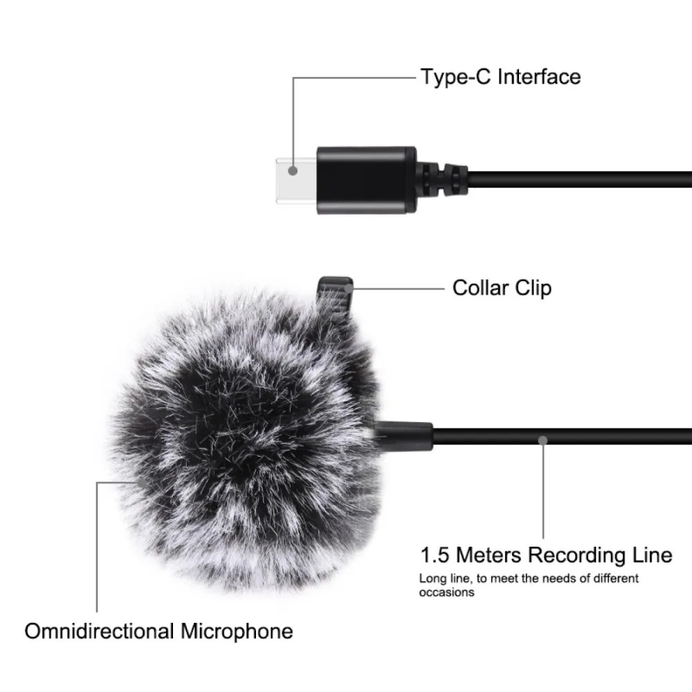 1.5m 3.5mm / Type C Jack Lavalier Wired Condenser Recording Microphone for mobil