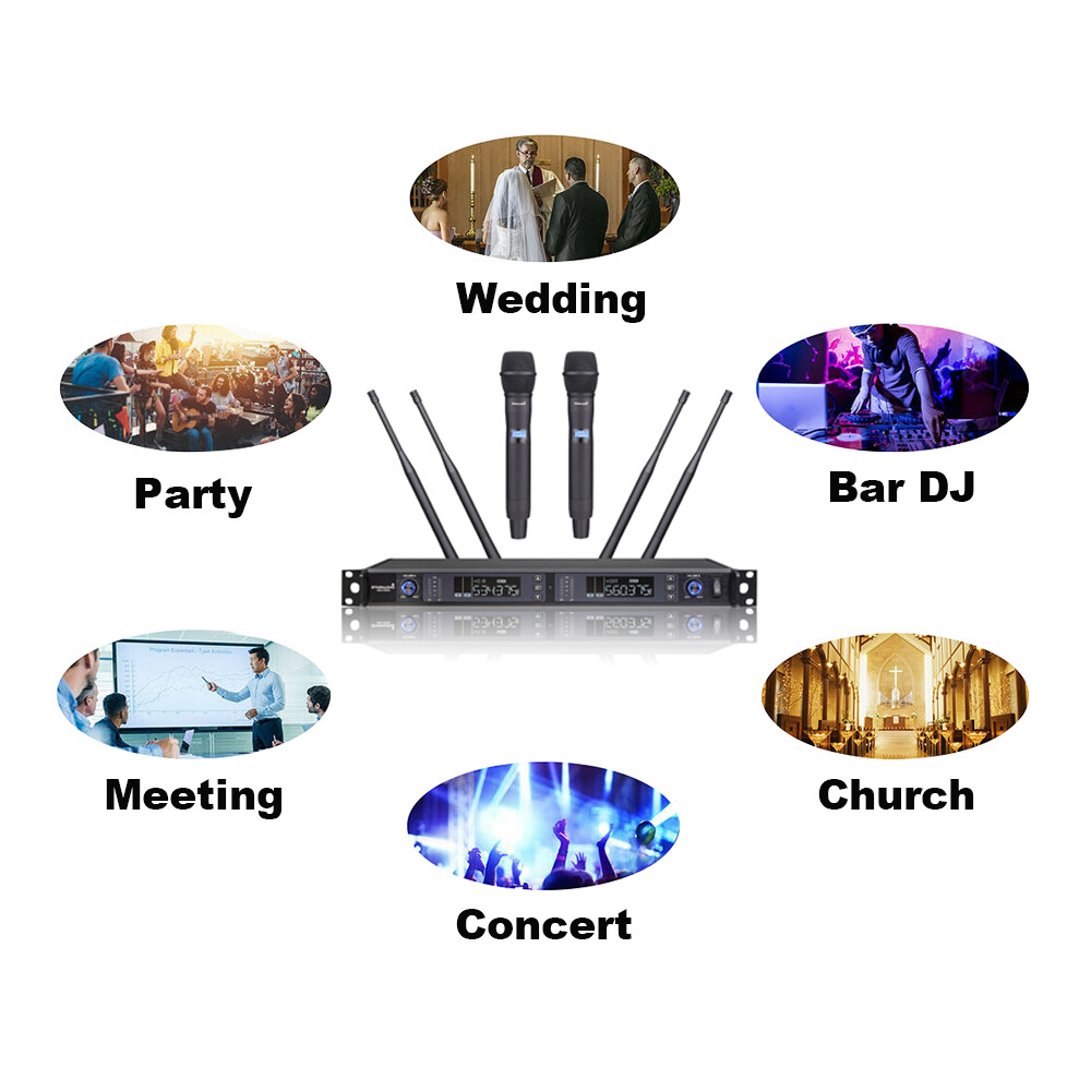 Wireless UHF Handheld Microphone Pro 2CH Microphone System Church Karaoke DJ Mic