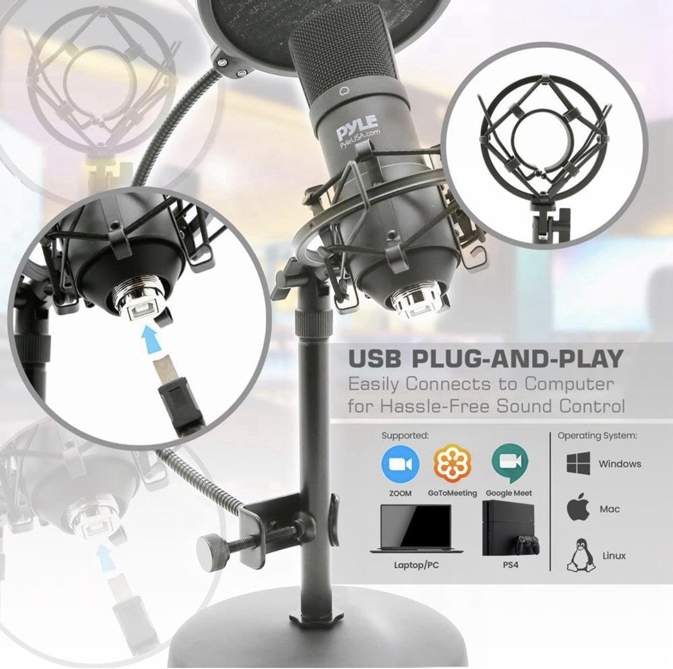 Pyle USB Audio Cardioid Condenser Mic w/Desktop Stand and Pop Filter PDMIKT120