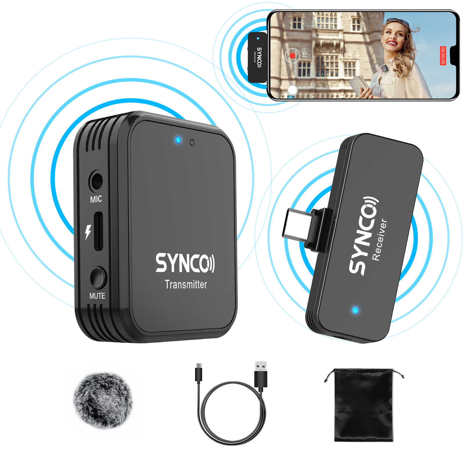 Synco G1T 2.4GHz Wireless Lavalier Microphone Dual Mic For Android Smartphone