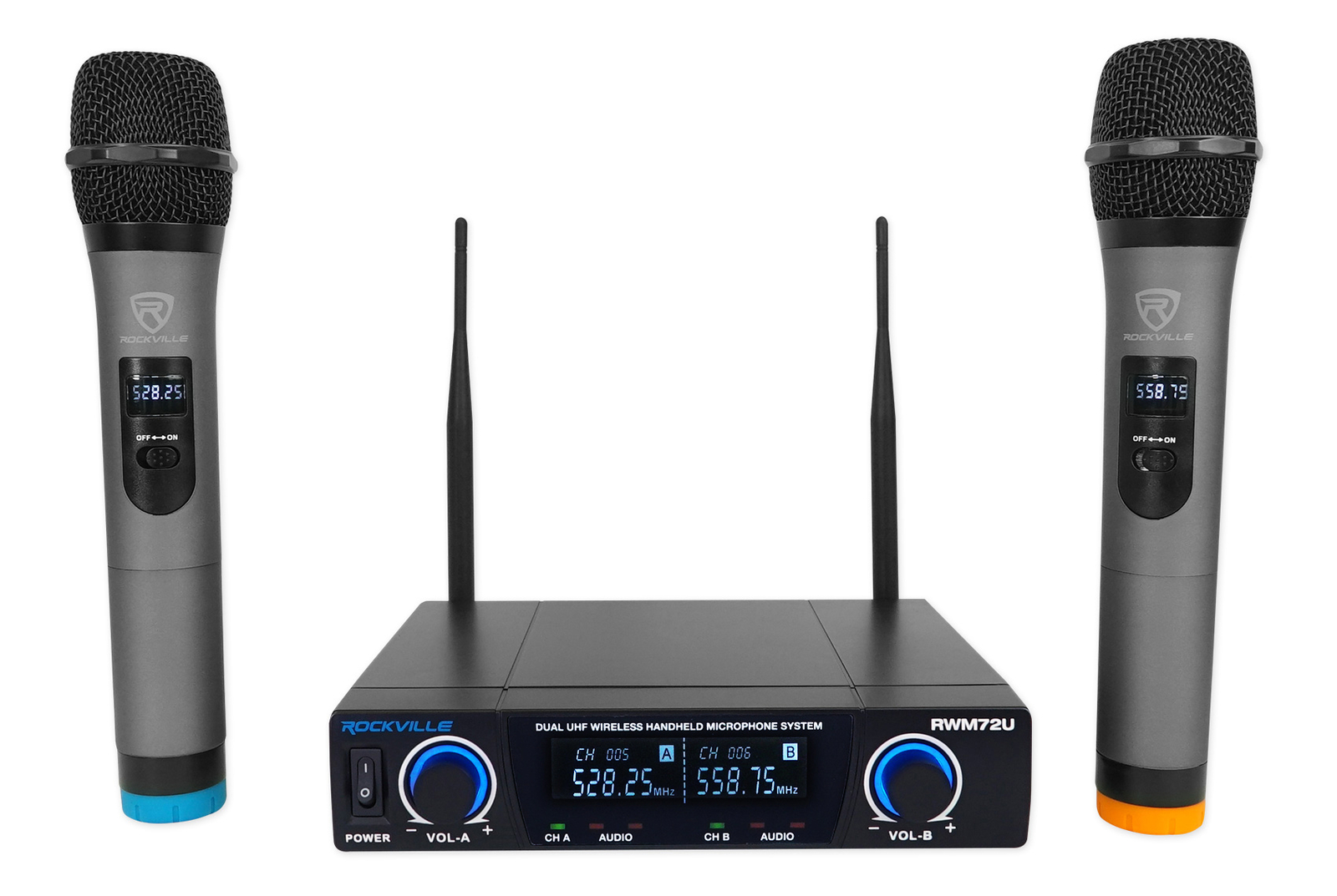 Rockville RWM72U Dual UHF Wireless Handheld Microphone System Digital Display