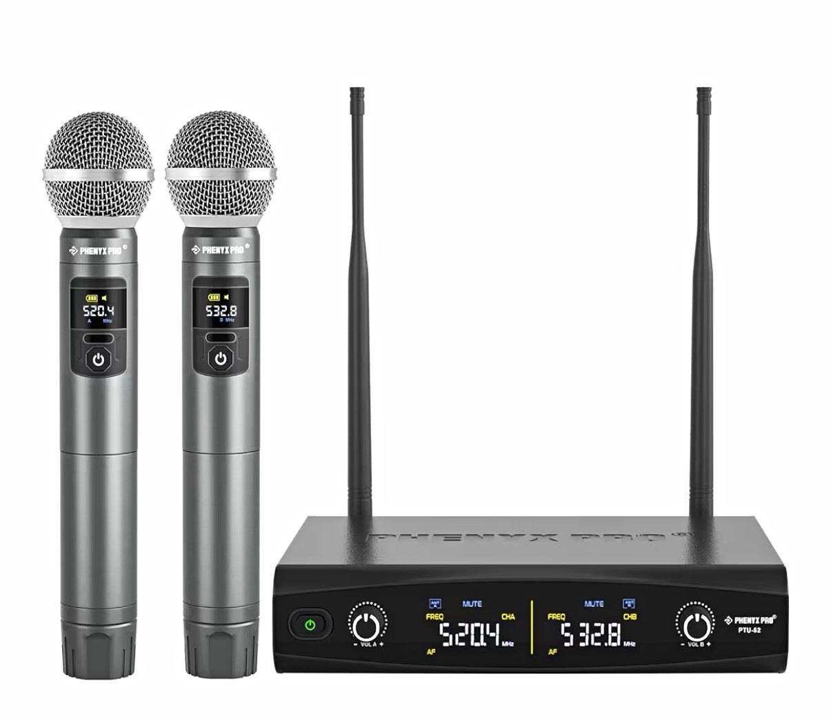 Phenyx Pro PTU-52 Dual UHF Wireless Microphone System, 2 Handheld Mics