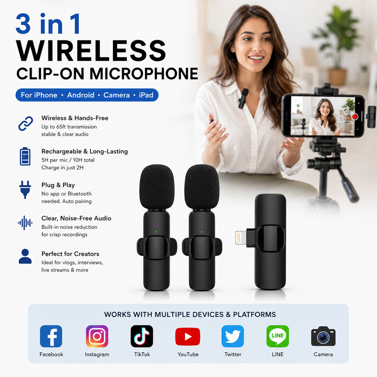 3 in 1 Wireless Clip-on Microphones for iPhone, Camera, Android, iPad