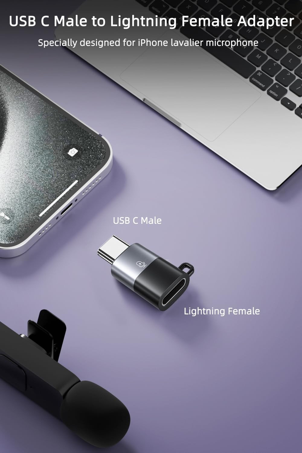 AreMe 2 Pack USB C to Lavalier Microphone Adapter, Type C Male Black+Grey