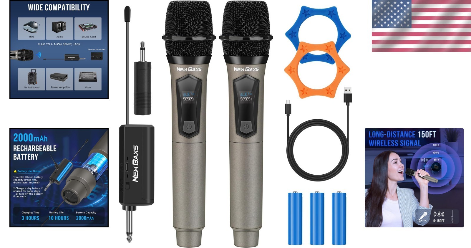 Dual Wireless Microphone System with Rechargeable Receiver for Karaoke & Events