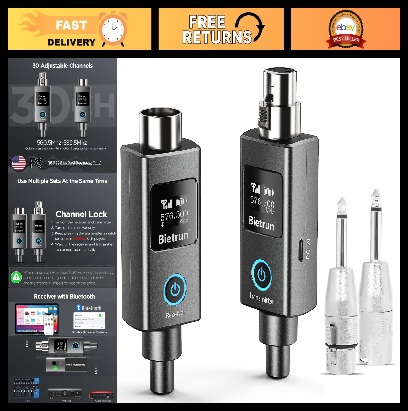 Wireless XLR Mic Adapter, UHF 230ft Range, 30 Channels, Bluetooth Receiver, 1/4′