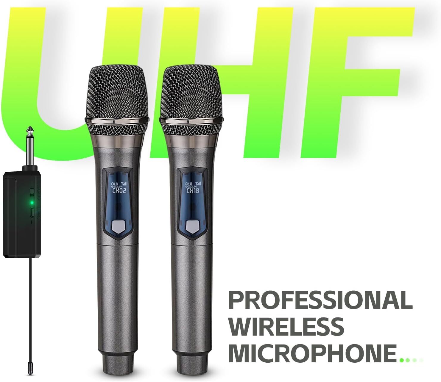 2x Wireless Microphone System 2 Channel Pro Audio UHF Handheld Dynamic Mic Party