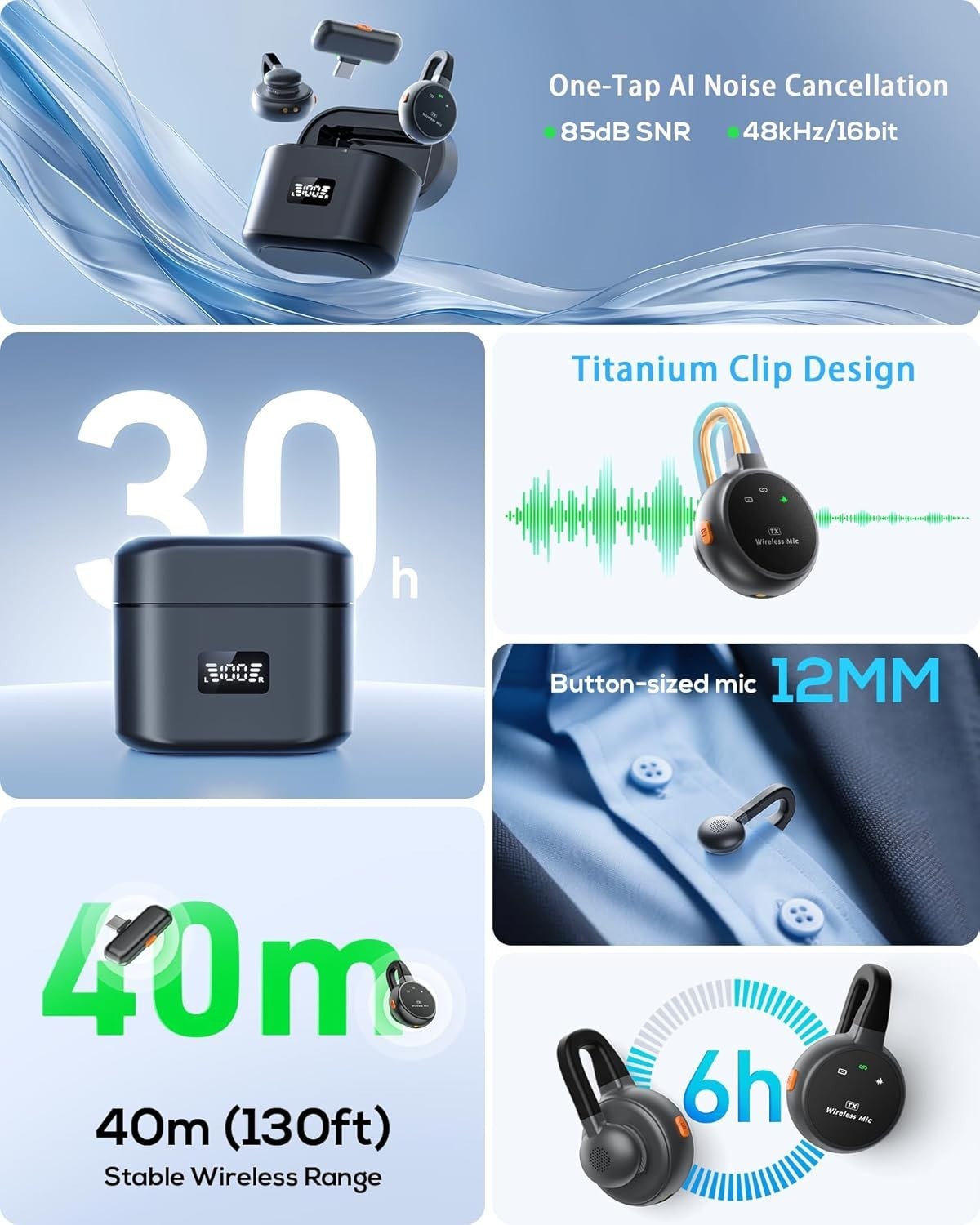 Wireless Lavalier Microphone with USB-C Charging Case – 30H Battery & Noise C…