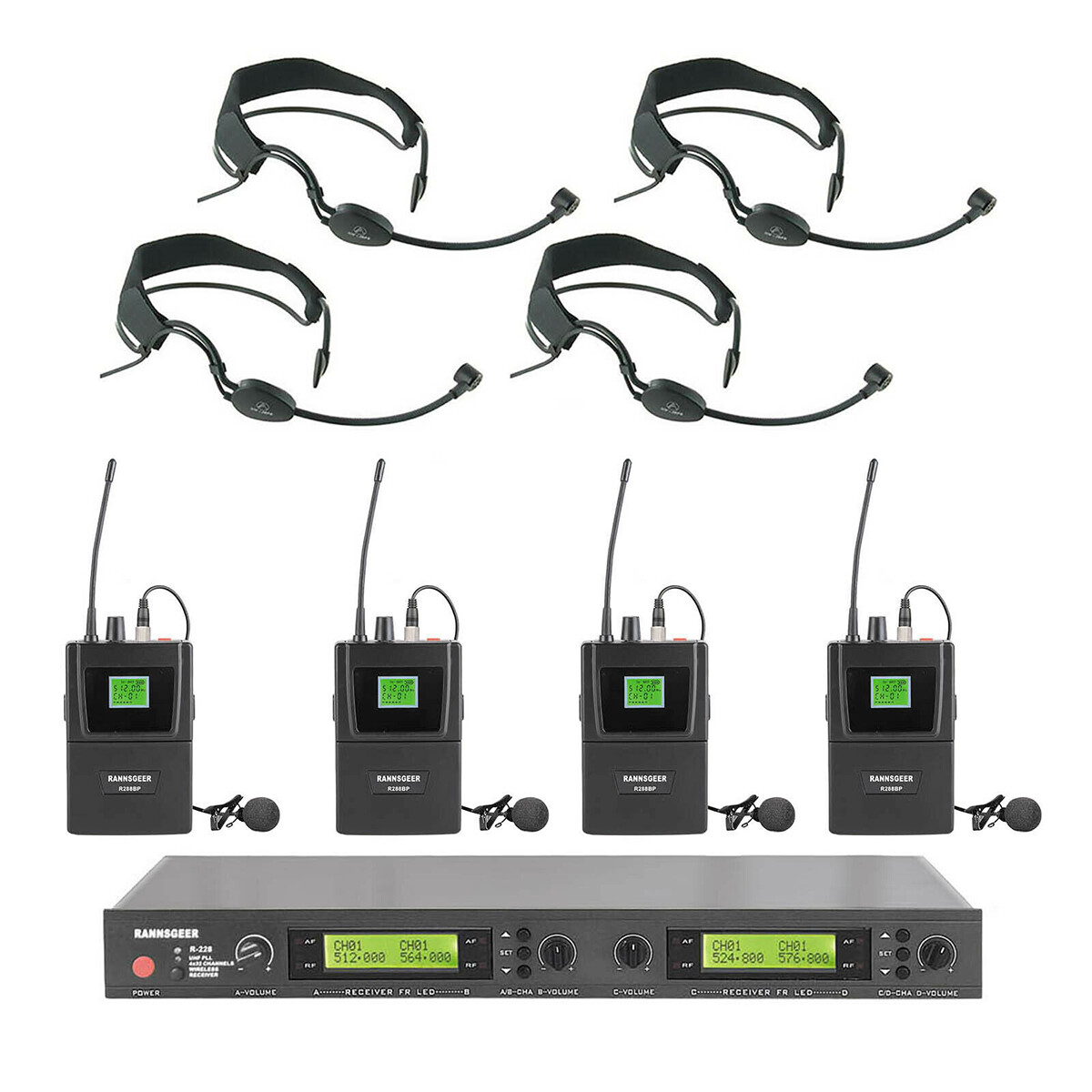 Rannsgeer UHF R288UF 4 Channel Headband Headset & Lapel Wireless Microphone