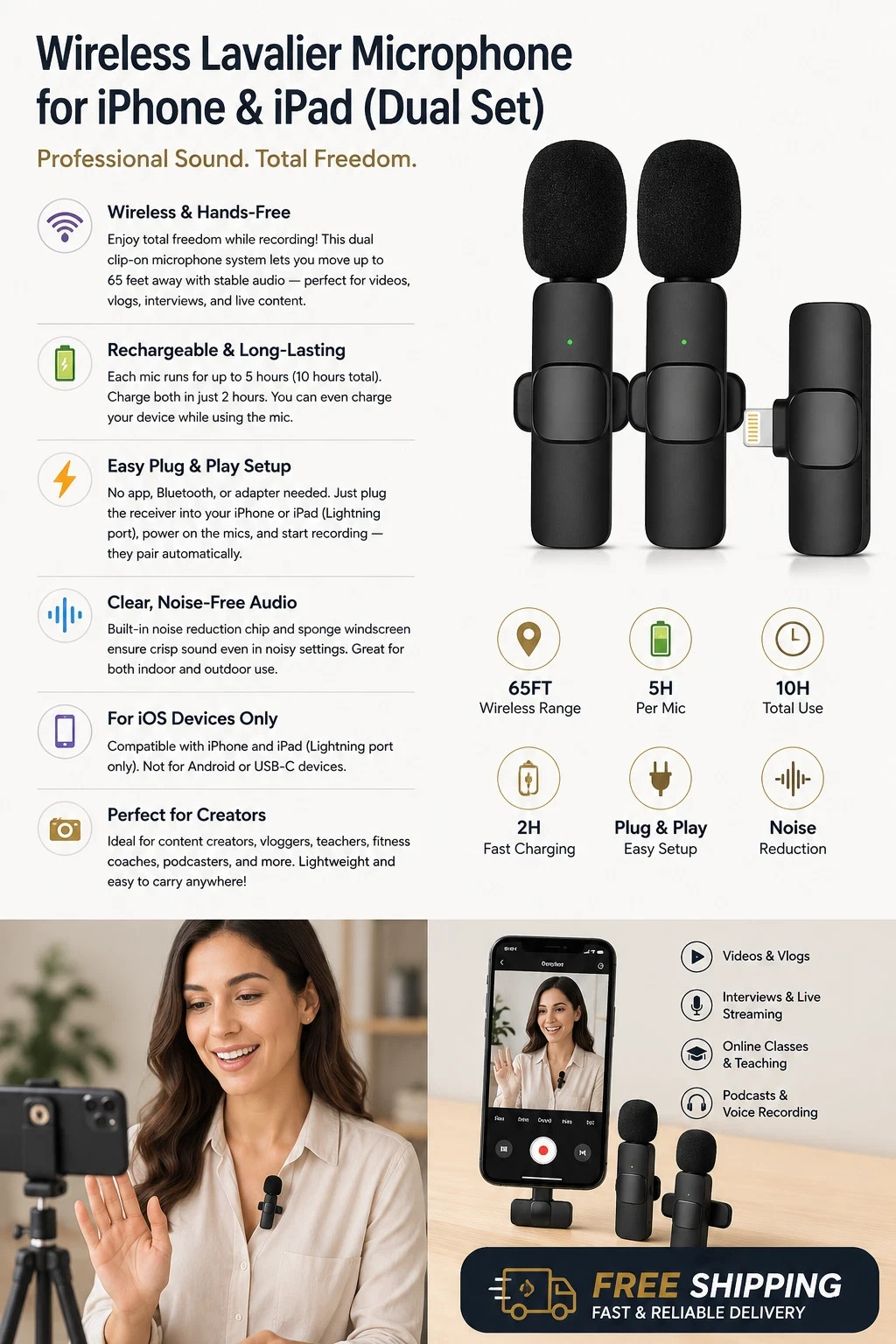 3 in 1 Wireless Clip-on Microphones for iPhone, Camera, iPad, Mini microphone