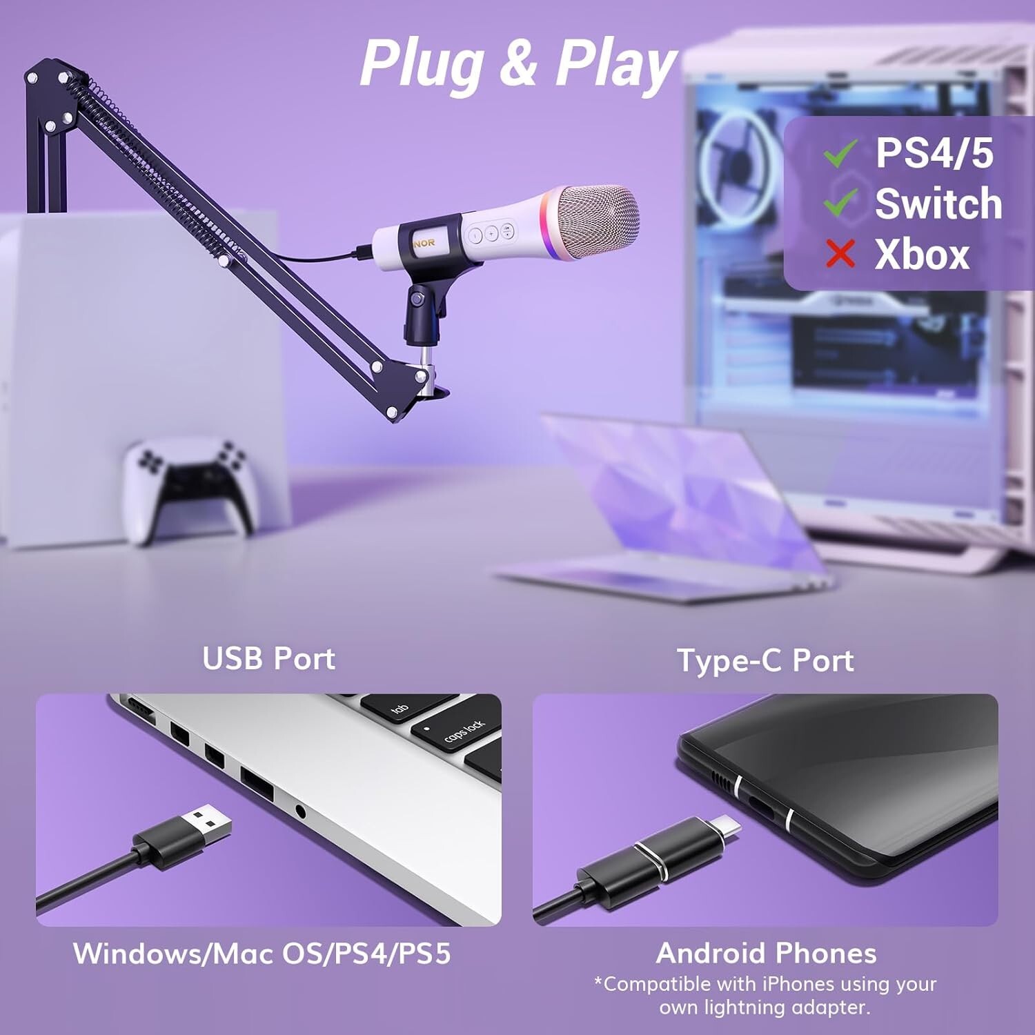 TONOR USB/Type C Dynamic Microphone for PC, RGB Podcast Computer Gaming Mic