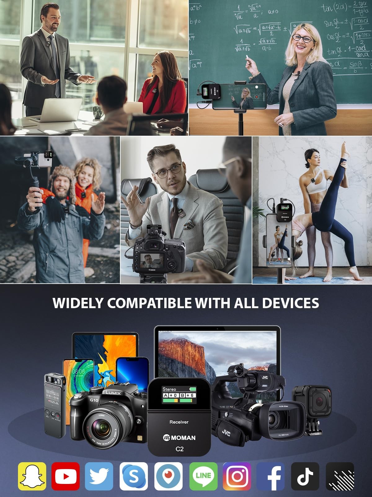 Moman Wireless Lavalier Microphone C2X, 2.4G Dual Transmitter Black