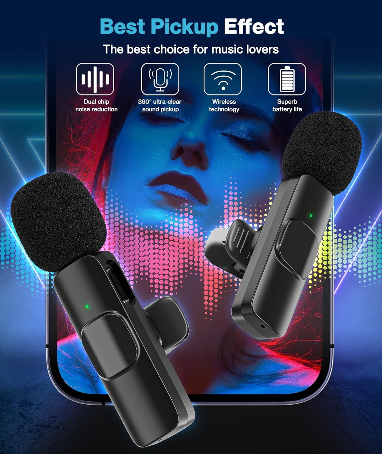 Wireless Lavalier Microphone for Android/iPhone/Computer/Laptop, 2, Black