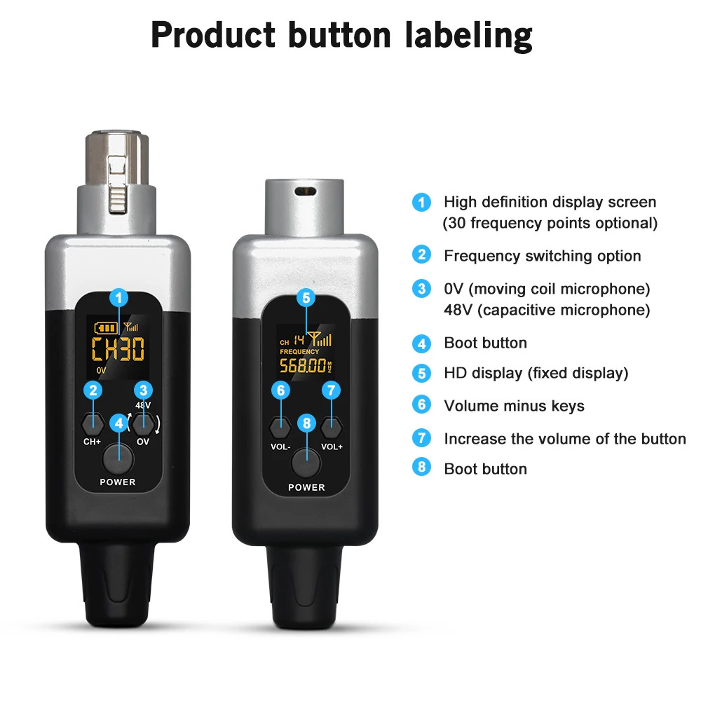 U2 48V UHF Wireless Microphone System XLR Transmitter & Receiver for All Mics