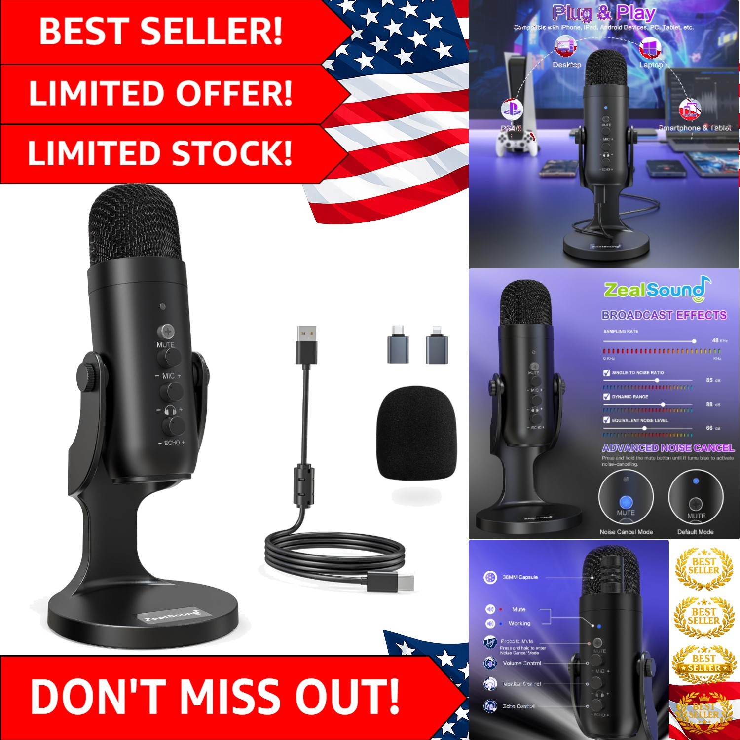 Professional USB Microphone with Noise Cancellation & Mute Button for PC Crea…