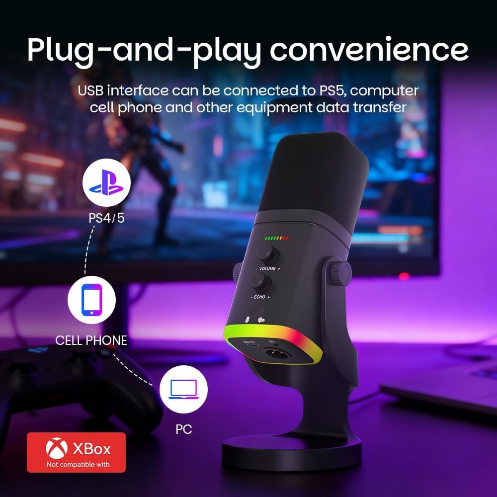 USB/XLR Desktop Dynamic Microphone with RGB Light, Noise Reduction & Mute Button