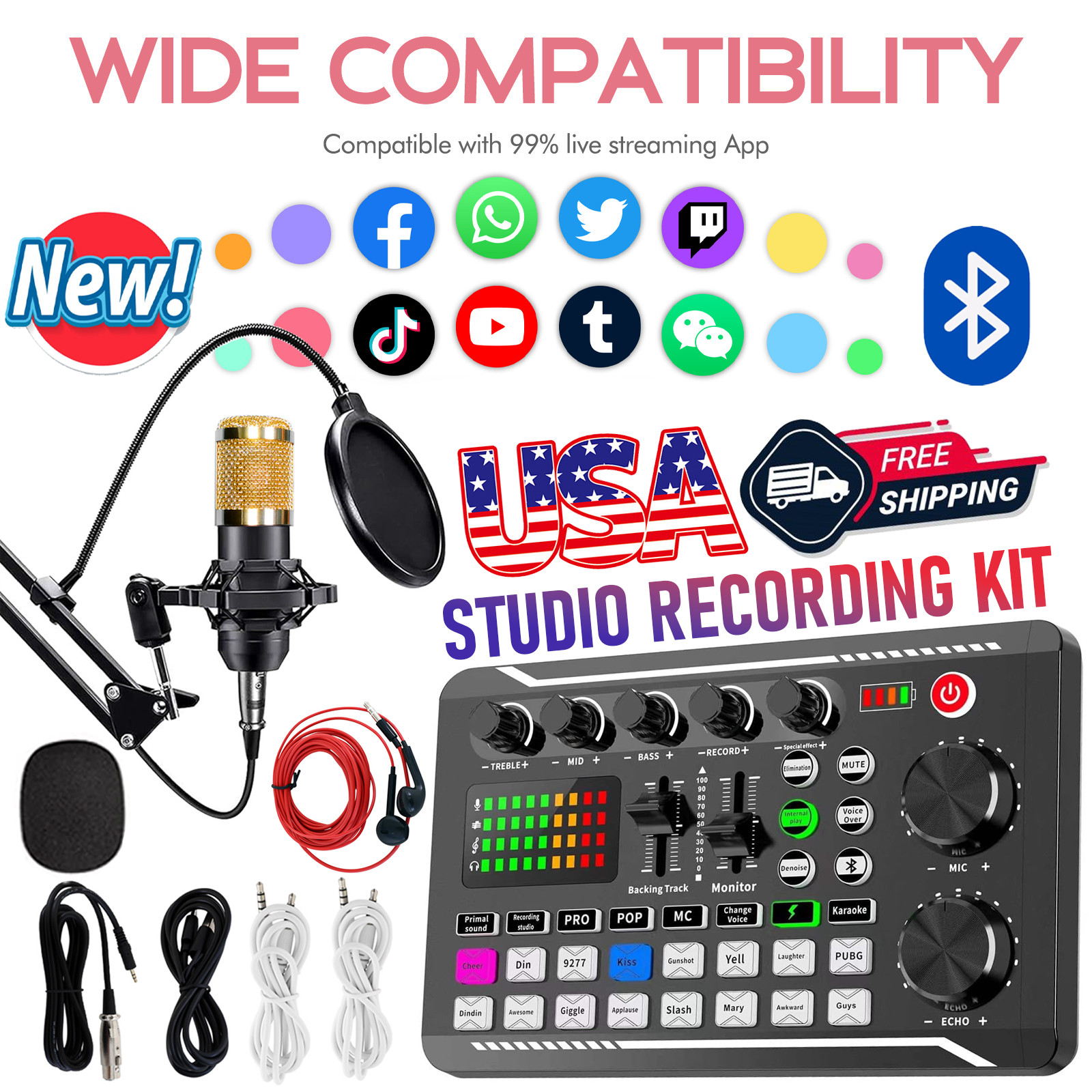 Complete Home Studio Recording Kit Mixer Condenser Microphone for Music Podcast