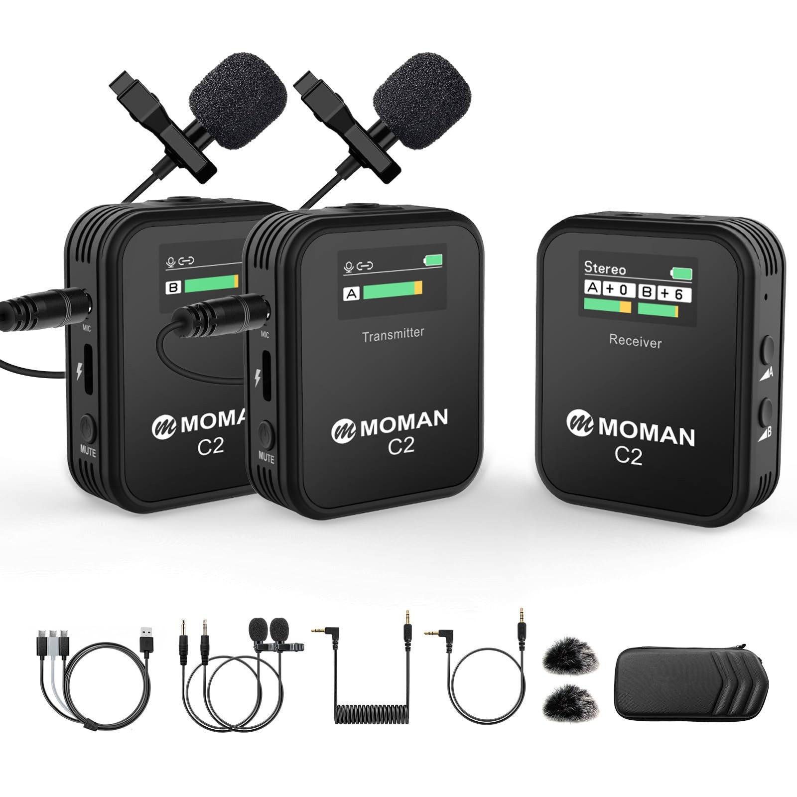 Moman Wireless Lavalier Microphone C2X, 2.4G Dual Transmitter Black