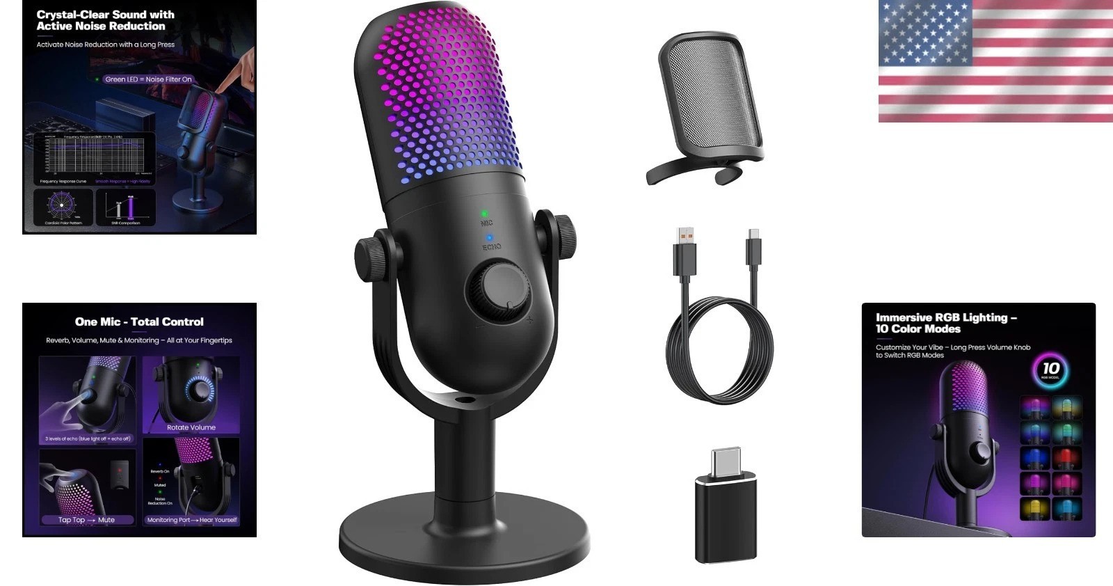 USB RGB Gaming Microphone with One-Touch Mute – Ideal for Streaming & Podcasting