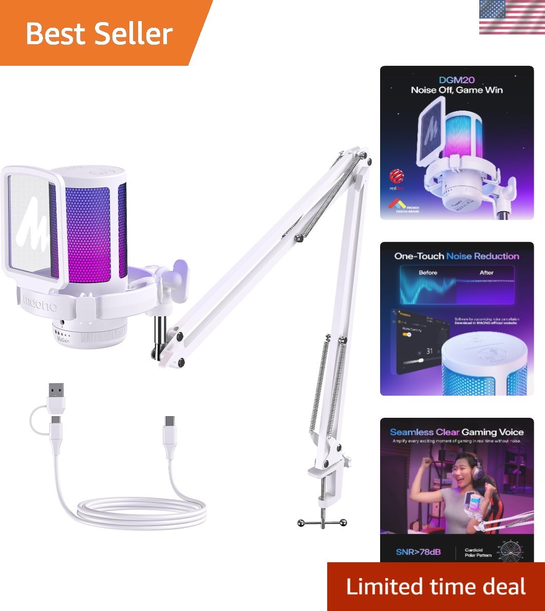 USB Microphone for PC with Clear Voice & Noise Reduction | RGB Lighting, Tap-…