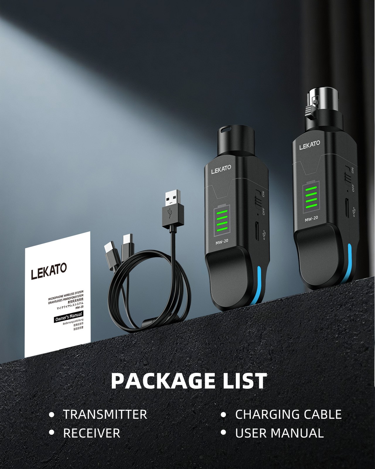 LEKATO Wireless Microphone Transmitter Receiver 2.4GHz, 48V Phantom Power